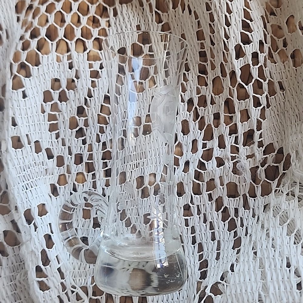 Vintage Floral Etched Glass Small Handled Bud Vase - Picture 3 of 8